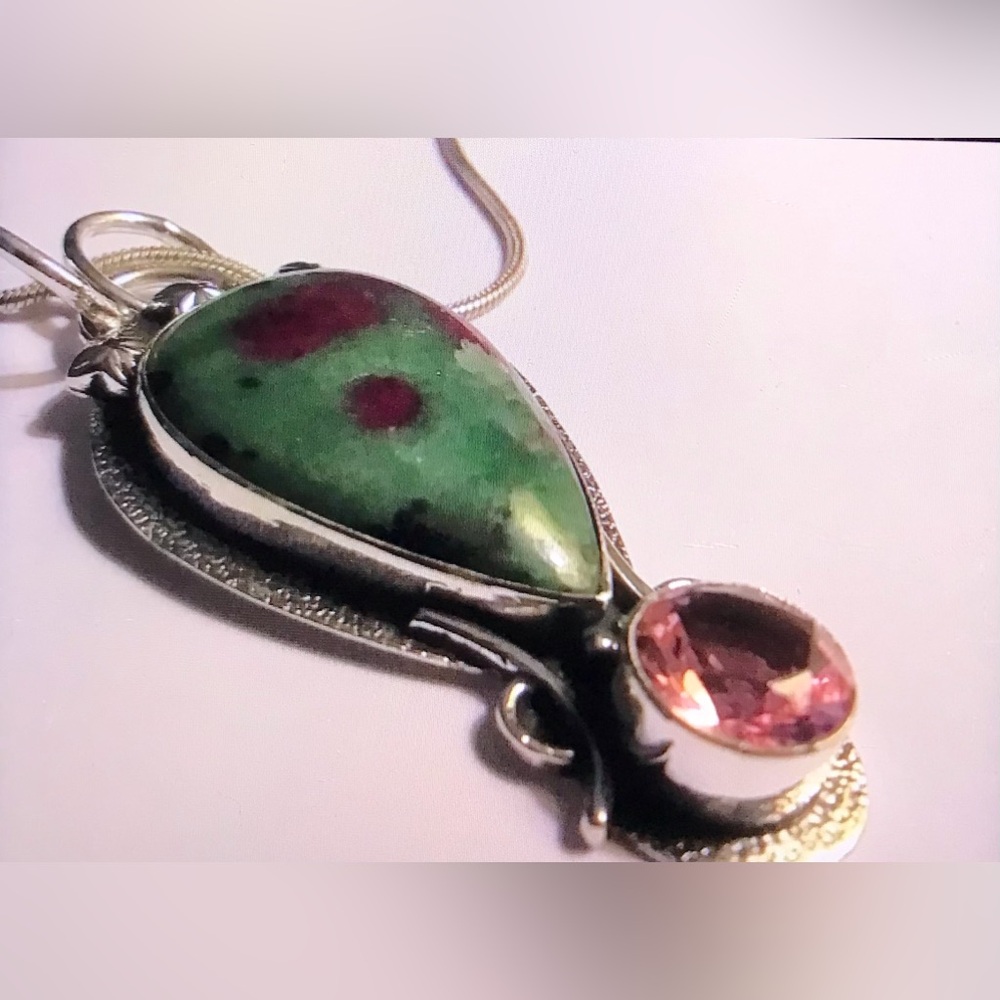 Ruby Zoisite Pink Topaz 925 Sterling Silver Necklace
